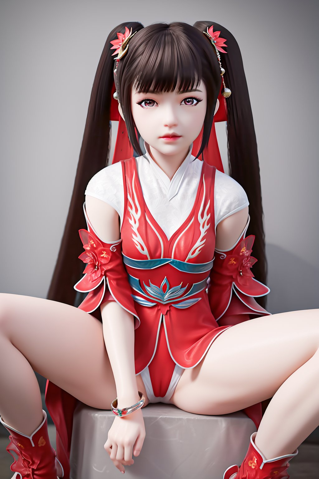 (best quality,masterpiece,crystalstexture skin,shiny skin:1.2),ultra detailed,8k,RAW photo,realistic,photorealistic,ultra-detailed,intricate detail,extremely detailed,delicate pattern,4K,looking at viewer,<lora:C_完美世界_火灵儿_m_MAY:0.7>,1girl,solo,twintails,long hair,brown hair,hair ornament,bangs,ribbon,chinese clothes,hair flower,bracelet,bare shoulders,detached sleeves,dress,sash,standing,sitting,bare legs,spread legs, 