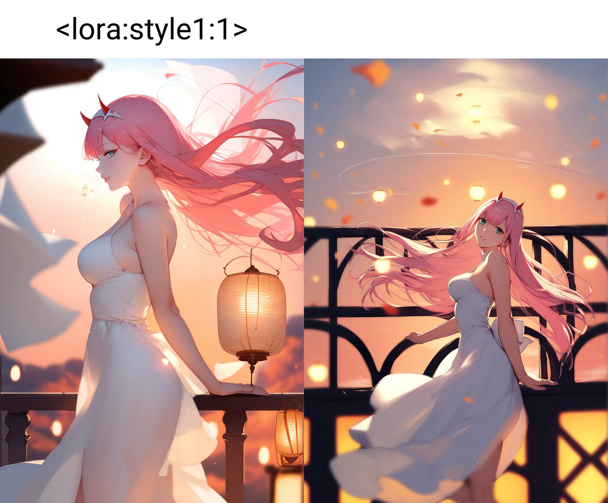 score_9, score_8_up, score_7_up, score_6_up, score_5_up, score_4_up, <lora:style1:1>, style1, anime girl with long hair standing on a balcony looking at the sky with paper lanterns in the background, 1girl, solo, long hair, breasts, dress, holding, bare shoulders, pink hair, outdoors, horns, sky, sleeveless, white dress, blurry, from side, sleeveless dress, floating hair, depth of field, wind, sunset, lantern, railing, sundress, paper lantern, zero two \(darling in the franxx\), looking at viewer, evening, thighs,