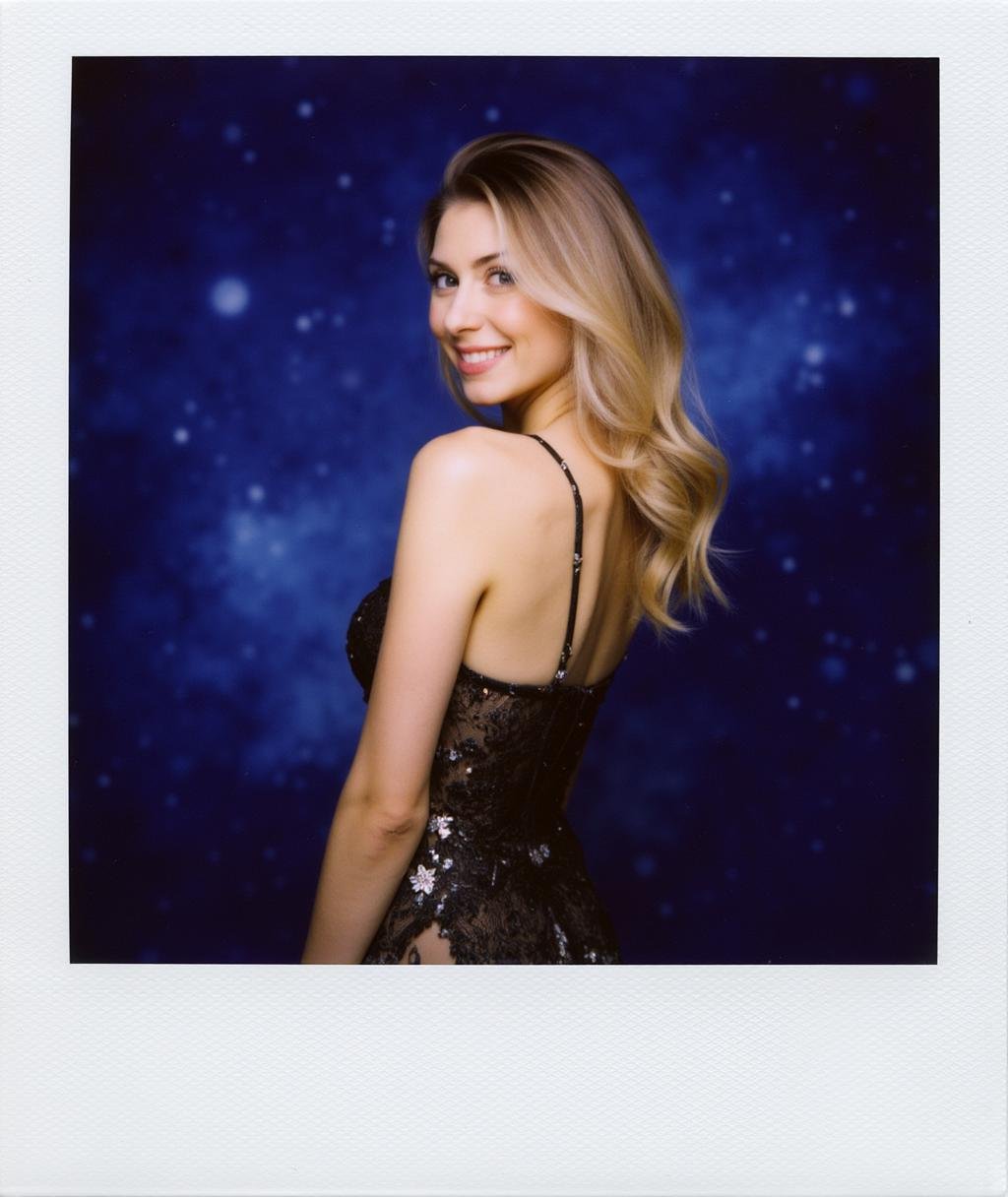 Polaroid frame of beautiful woman, evening dress, background of space and astral, blonde, studio photo, high quality, high detail, portrait, professional studio, colorfully, photorealistic, real time <lora:Polaroid_Flux:1.0><lora:ComfyUI_30913_:0>