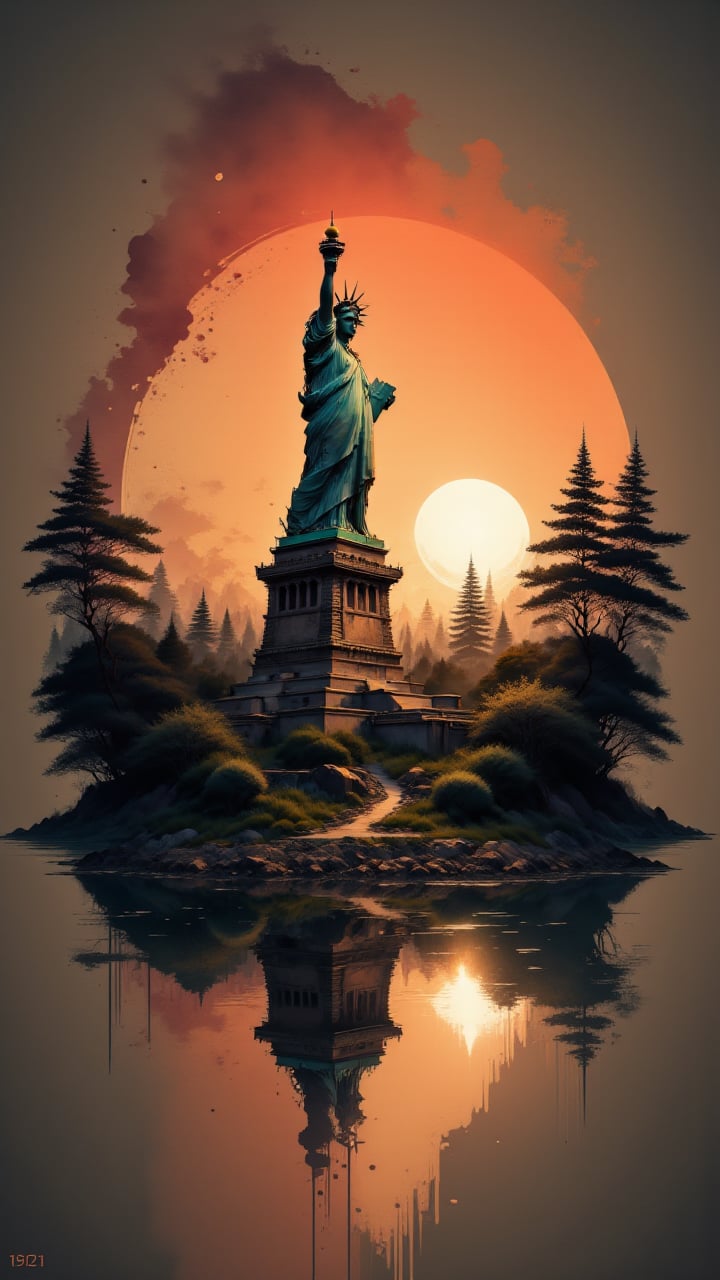 deep rich colors, Rule of Thirds, The iconic Statue of Liberty stands tall in the heart of Vijaypur, overlooking a serene lake. The sun is setting, casting a warm orange glow over the landscape. aidmainkstyle