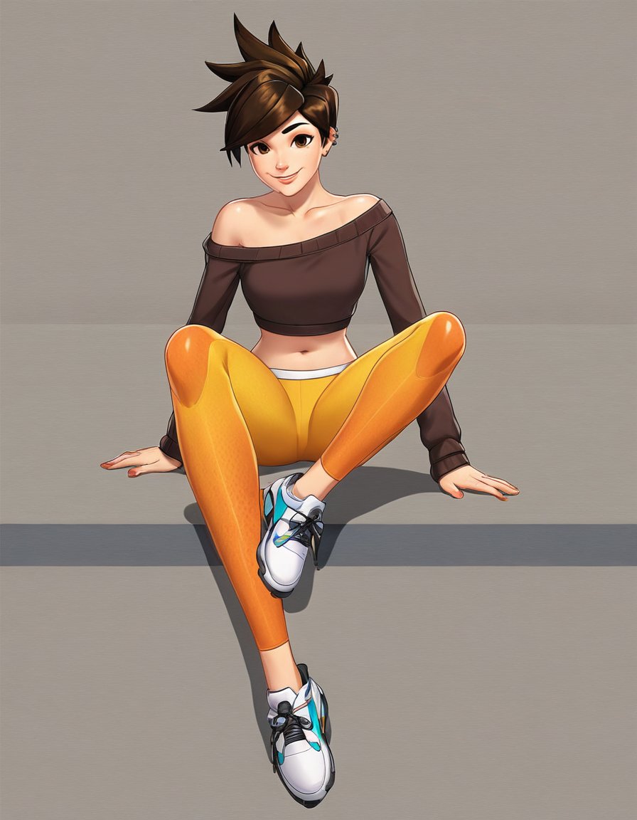 1girl (0.99), tracer (overwatch) (0.98), solo (0.97), shoes (0.95), pants (0.94), brown hair (0.94), short hair (0.91), navel (0.90), midriff (0.88), off shoulder (0.88), spiked hair (0.87), collarbone (0.86), full body (0.84), crop top (0.84), sitting (0.84), sneakers (0.82), simple background (0.80), looking at viewer (0.79), smile (0.74), yellow pants (0.69), casual (0.69), sweater (0.66), off-shoulder sweater (0.64), long sleeves (0.56), shirt (0.50), piercing (0.45), earrings (0.43) Tracer, <lora:Tracer:0.6>