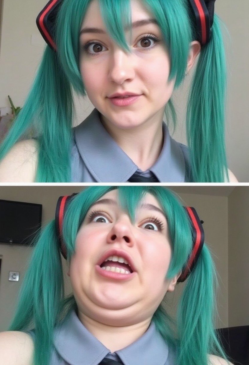 SuchFailSelfie, a portrait comparison of Realistic photo portrait Hatsune Miku wearing the same cloth.Top is she good looking portrait.Bottom is she doing low angle super ugly funny face with big nose, fat neck, wide eyes surprise face.