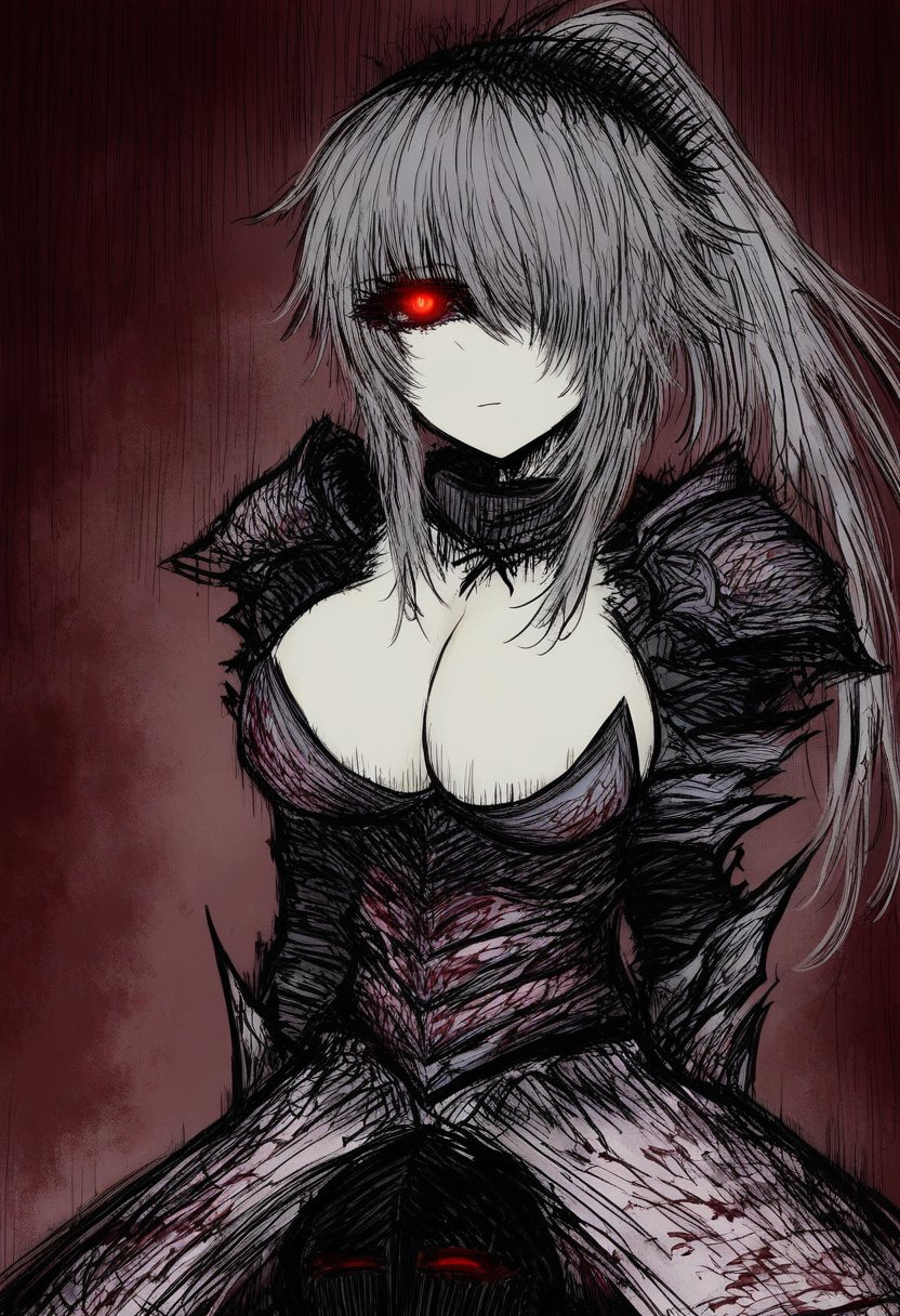 black souls style, <lora:Black_souls_style322:1>,girl,grey hair,armor,closed one eye,big chest,glowing eye,