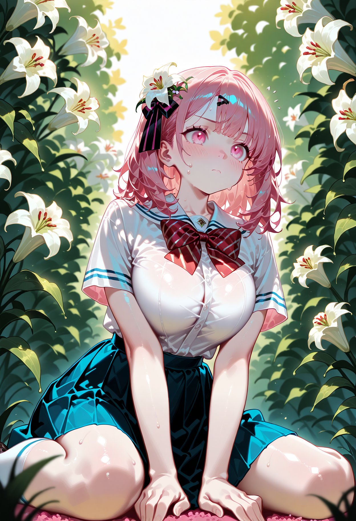 from_below,1girl,large_breasts,shiny_skin,blush,bow,bowtie,closed mouth,hair ornament,medium hair,pink eyes,pink hair,school uniform,shirt,sweatdrop,outdoor,dense flowers,lily,very high flowers,flowers are everywhere as if they were alive,whole body,hands on knees,wariza,