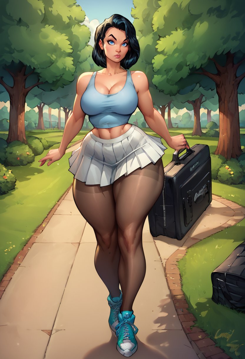 score_8_up, score_7_up,1girl, medium hair, black hair, blue eyes, tank top, pleated skirt, black and white skirt, pantyhose, sneakers, musical instrument case, park, curvy, round thighs, soft thighs, thick thighs, huge ass, <lora:PulenKompot-J._Scott_Campbell-PonyXL:1> jsc