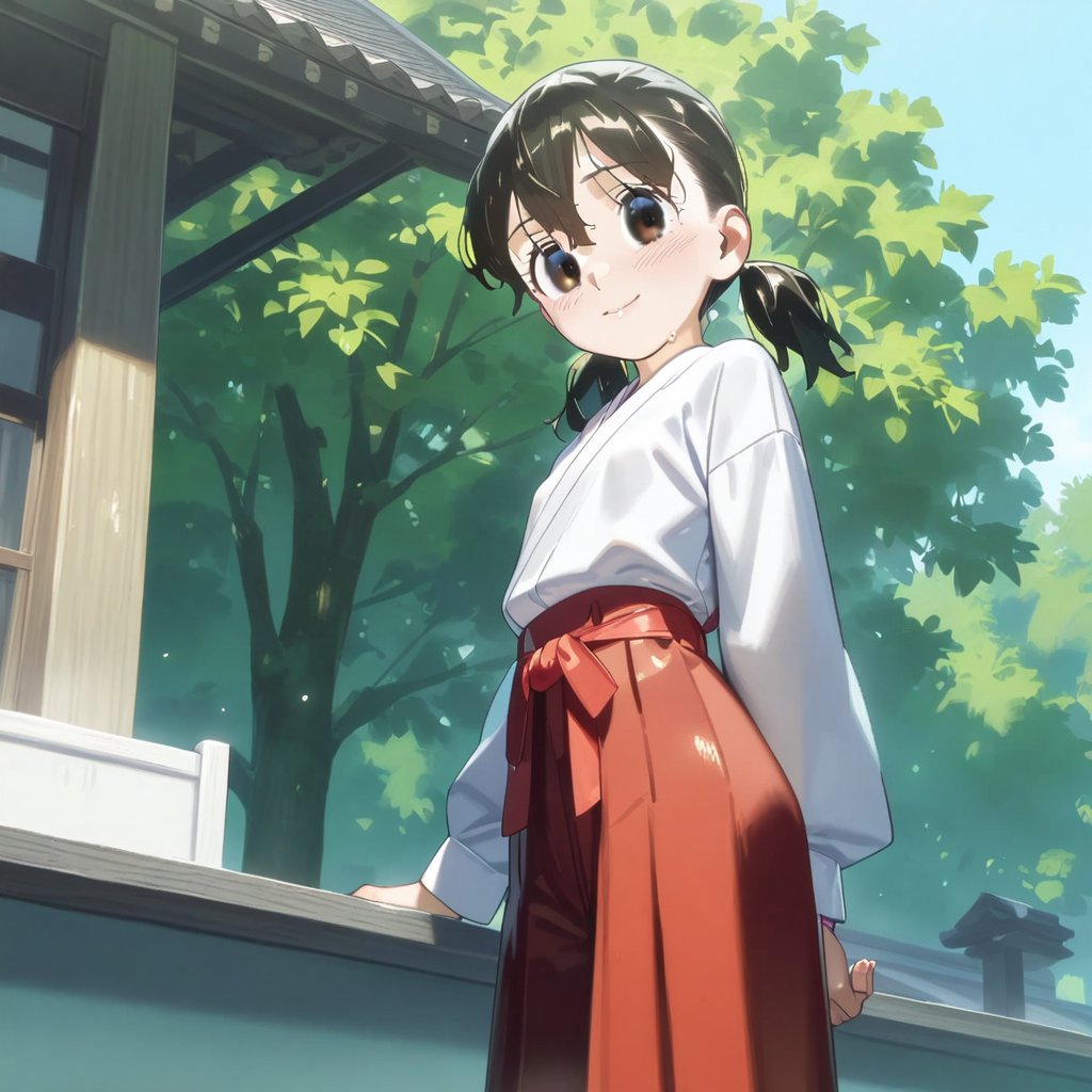 minamoto shizuka,1girl, solo, japanese clothes, black hair,miko, black eyes, smile, twintails, outdoors, hakama, looking at viewer, skirt, short hair, day, short twintails, hakama skirt, tree, red hakama, long sleeves,masterpiece, perfect face, best quality, beautiful girl, cute girl, beautiful eyes, shiny eyes, anime coloring, anime screencap, absurdres, outdoors,<lora:minamoto shizuka anim 928:1>