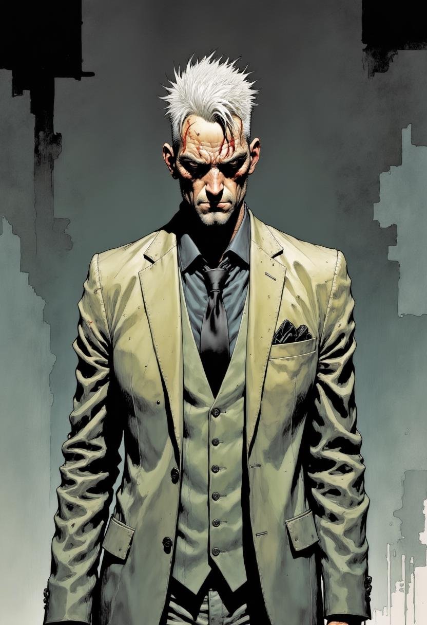 This is a highly detailed, digital illustration in a realistic, dark, and moody comic book style. The subject is a man with a stern, intense expression, set against a muted, grayscale background that suggests a dimly lit, urban environment. He has short, spiky white hair that is slightly disheveled, with a few strands falling over his forehead. His skin is pale and marked with numerous scars, giving him a rugged, weathered appearance. He has a prominent, jagged scar across his forehead, and several smaller scars on his face and neck. His eyes are dark and piercing, with a hint of red in the irises, adding to the ominous atmosphere.  He is dressed in a tailored, light beige suit with a matching vest and tie, giving him a formal yet intimidating look. The suit is slightly rumpled, with a pocket square peeking out from the breast pocket on the right side. The textures of the suit are finely detailed, with creases and folds that add depth and realism. The background is minimalistic, with a few abstract, geometric shapes that suggest a cityscape, further emphasizing the lone figure in the foreground. The overall mood of the image is dark and intense, with a sense of foreboding and mystery. Mangaka style. <lora:Mangaka_3012:1.0>