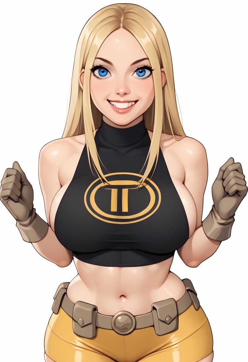 score_9, score_8_up, score_7_up, deep skin, shiny skin, skindentation, source_anime, ((realistic)), high quality, highres, (curvy), ((((wide hips)))),, thick thighs, cute, , sexy, huge breasts, TerraTT, TerraSDXL, 1girl, blonde hair, long hair, blue eyes, forehead, parted bangs, black shirt, sleeveless, sideboob, turtleneck, midriff, navel, yellow shorts, biker shorts, brown belt, crop top, brown gloves, skintight shirt, solo, smile