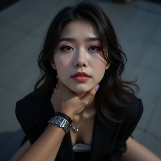 hetero, wearing office clothes, woman on her knees, looking up at viewer, low lights, masterpiece, highly detailed, beautiful hair, jewellery, accessories, neckchoke, 1girl, 1boy, hand on neck, pov choke, asian,