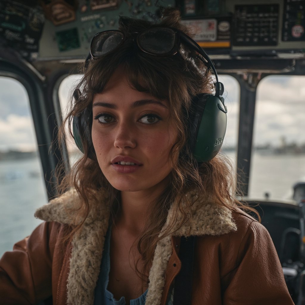 A portrait of ella_purnell in a cockpit, captured in a candid moment. She wears aviator goggles, headphones, and a brown leather jacket with a shearling collar. Her curly hair is visible, and she has a focused expression. The background shows the interior of a vehicle, with a view of a body of water and a cloudy sky. The color palette consists primarily of warm tones, with the woman's brown jacket contrasting against the cooler tones of the surroundings.