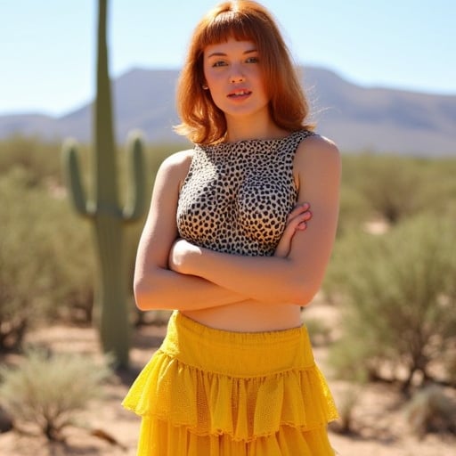 a woman in a leopard print top and a frilly yellow skirt, arms crossed, standing in a desert, Ginger hair with blunt bangs, hoop earrings, cactus