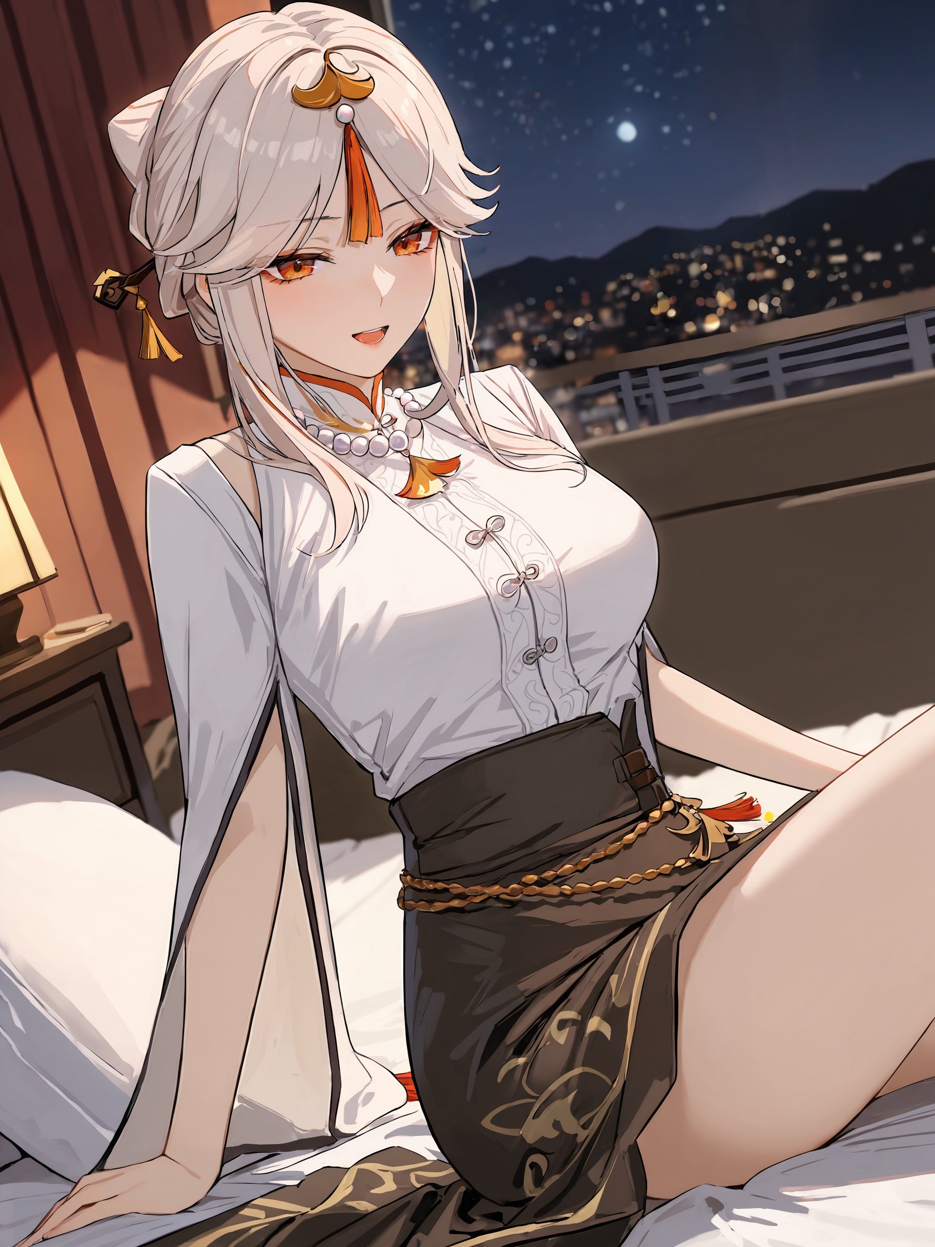 1girl, ningguang-casual, solo, high-waist skirt, blouse, wide sleeves, hair up, bead necklace, orange tassel hair ornament, cowboy shot, bedroom, depth of field, sitting on side of the bed, reclining, arm support, gasping, ecstasy, seductive smile <lora:Char-Genshin-Ningguang-XL-V1:0.9>, illustration, incredibly absurdres, ultra detailed, masterpiece, best quality, [<lora:detailed_notrigger:0.95>::0.5]