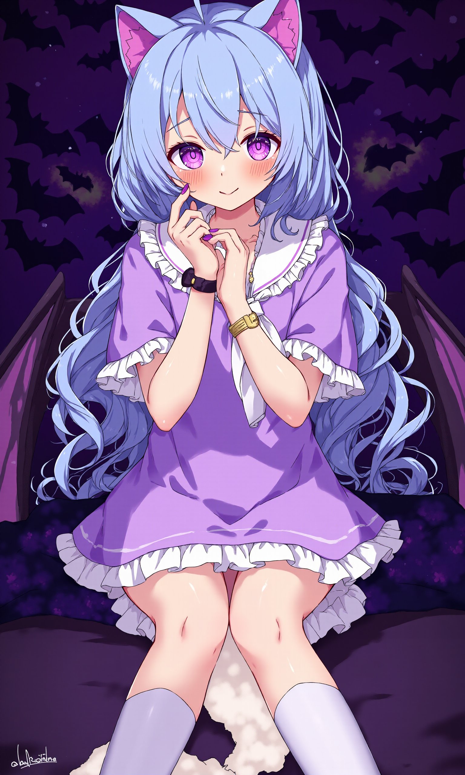 1girl, cute cat ears girl, small black bat wings, background filled with Halloween decorations, Halloween black bats, black background, sitting, twitter username, blue hair, blush, virtual youtuber, jewelry, purple nails, necklace, crossed bangs, smile, purple eyes, closed mouth, animal ears, purple theme, solo, wings, masterpiece, newest, absurdres, safe<lora:小恶魔狂想曲:1>​​​