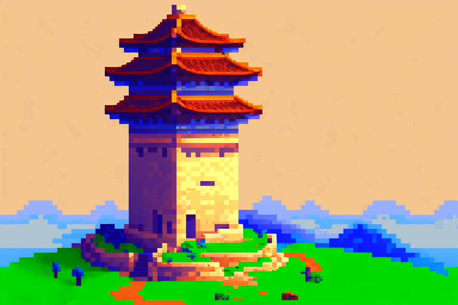 Pixel Art, 8-bit, blank_background, ancient chinese tower, High detailed