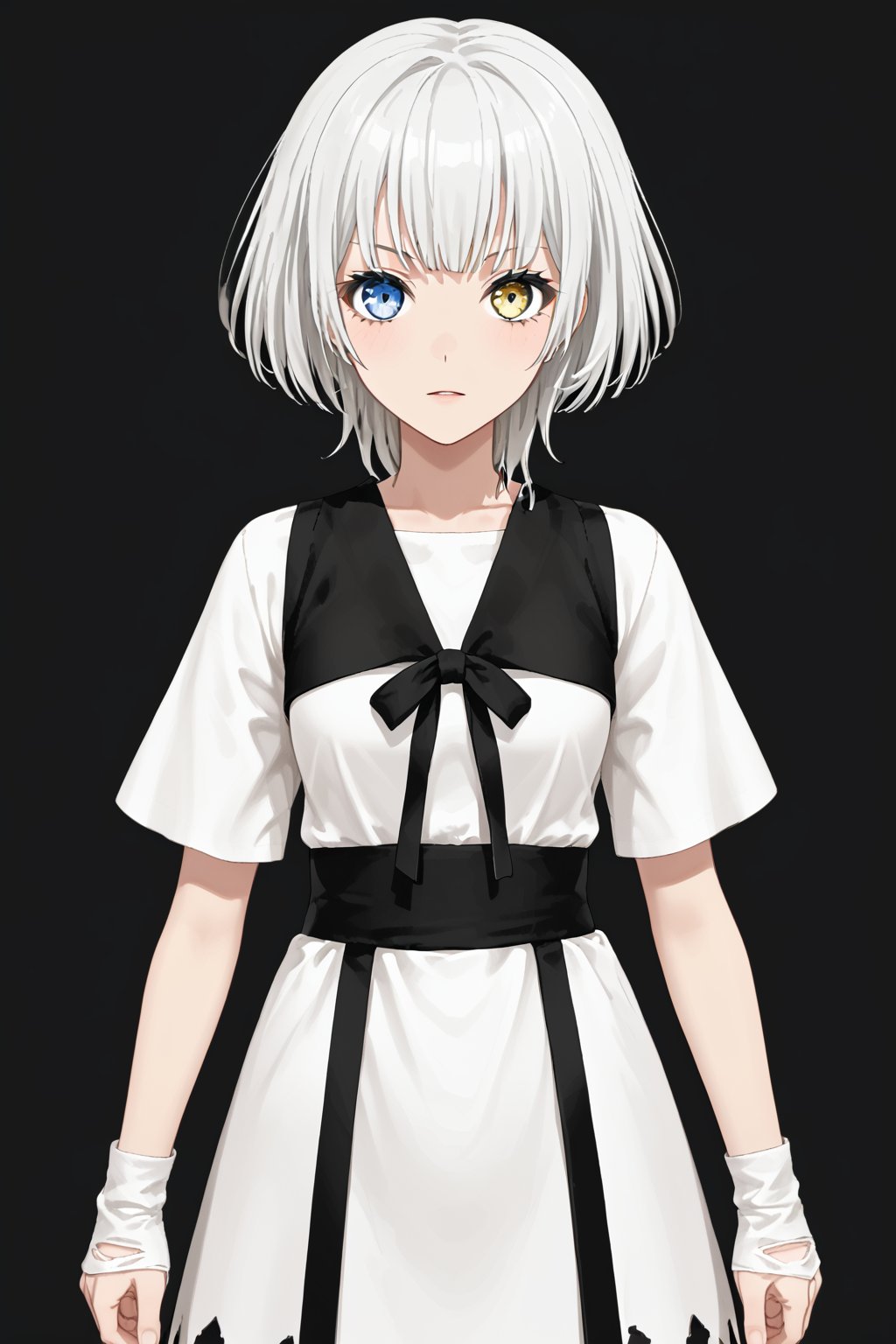 kaname raana, 1girl, solo, short hair, bangs, yellow eyes, white hair, blue eyes, heterochromia<lora:raana:0.8>