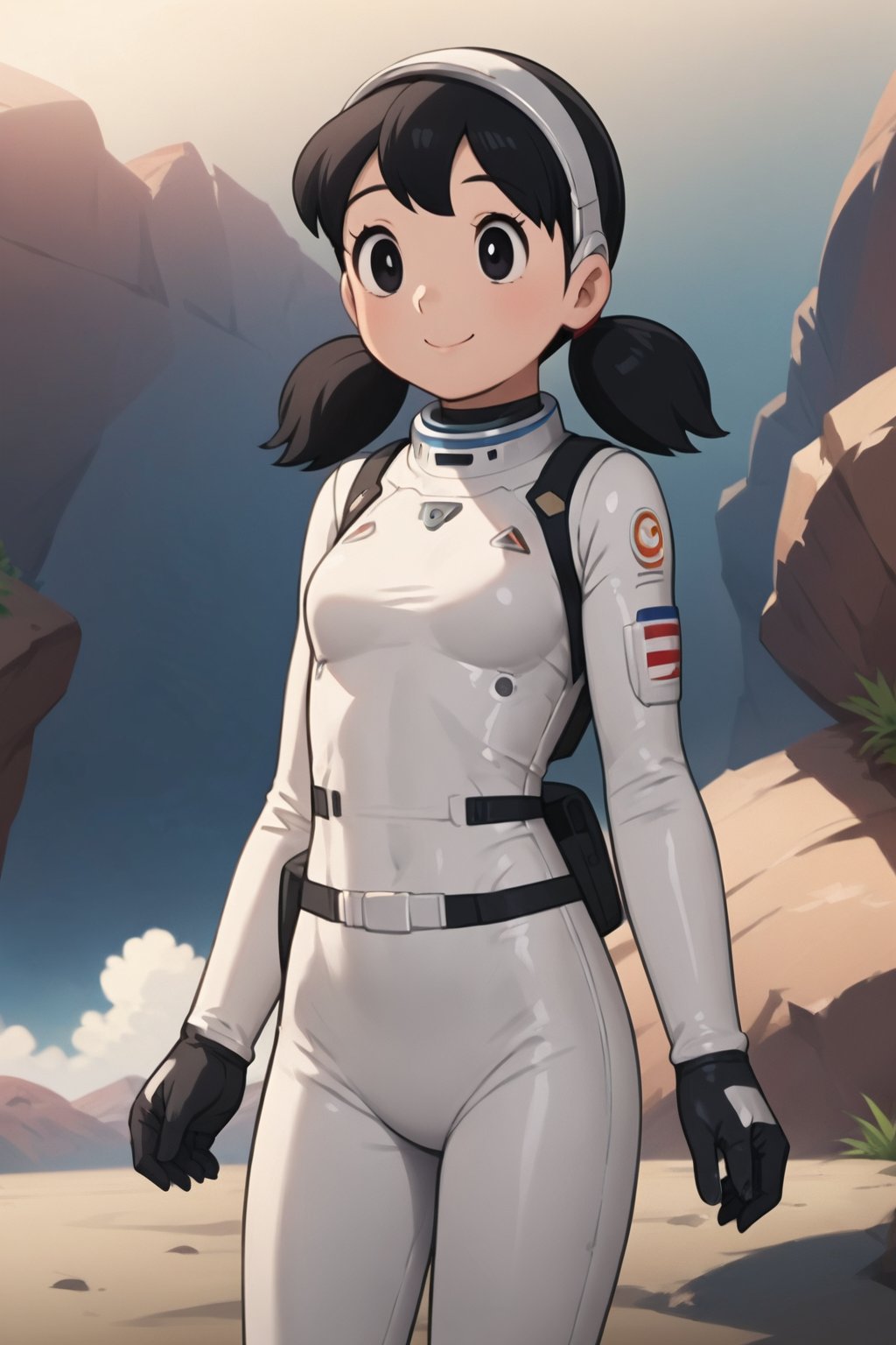 score_9, score_8_up, score_7_up, score_6_up, score_5_up, score_4_up, source_anime,minamoto shizuka, black hair, twintails, cowboy shot, 1girl, solo, smile, Girl in a spacesuit stepping onto the surface of Mars, Earth visible in the distance, vast red landscape, futuristic colony in the background, sense of wonder and exploration, epic sci-fi scene, hyper-realistic detail,masterpiece, perfect face, best quality, beautiful girl, cute girl, beautiful eyes, shiny eyes, anime coloring, anime screencap, absurdres,<lora:minamoto shizuka auti 930 1:0.8>