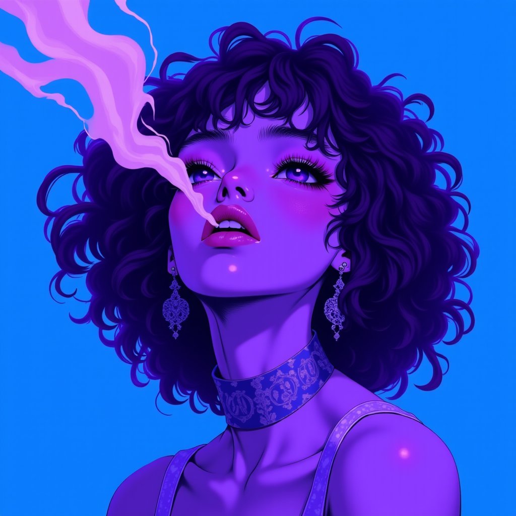 anime_martz, anime_source, paint, an illustration of a woman with curly hair and smoke coming out of her mouth on top of a blue background, the woman is in purple scale colors, <lora:anime_martzv2:1.0>