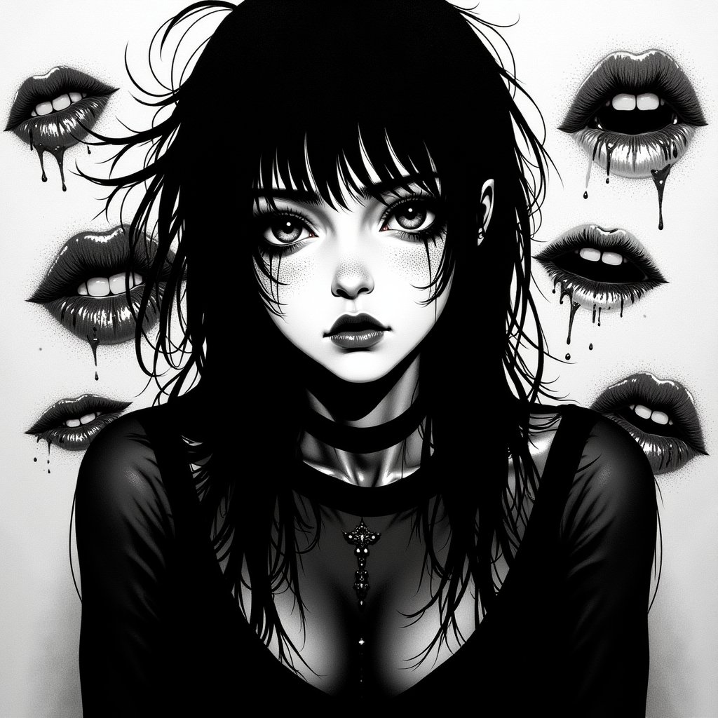 anime_martz, anime_style, anime_source, paint of Goth girl with messy hair, surrounded by black lipstick marks on a mirror, gazing softly at the camera ,detailed, high quality, pretty goth girl, <lora:anime_martzv2:1.0>