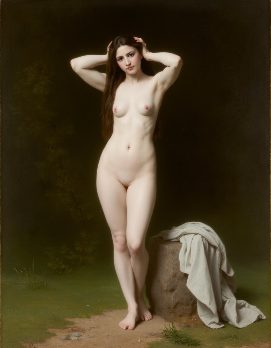 This is a photograph of a painting titled "Nude Woman Standing" by the artist Jean Auguste Dominique Ingres, created in 1806. The painting depicts a nude woman standing in a natural pose with her arms raised, her hands intertwining her long, dark brown hair. Her body is slender with a delicate frame, and her skin is depicted in a soft, smooth texture. She has small, perky breasts and a subtle, naturalistic depiction of pubic hair. The background is a dark, earthy brown, blending into a lighter, greenish hue, suggesting a forest or natural setting. The woman stands on a patch of earth, with a white cloth draped over a rock to her right. The lighting is soft and diffused, casting gentle shadows that emphasize the contours of her body. The overall mood of the painting is serene and contemplative, with the woman's expression appearing introspective and calm. The style of the painting is classical realism, characterized by detailed and lifelike representation. The use of soft, natural colors and a focus on the human form contribute to the painting's timeless and elegant beauty., <lora:Bouguereau_style:1>