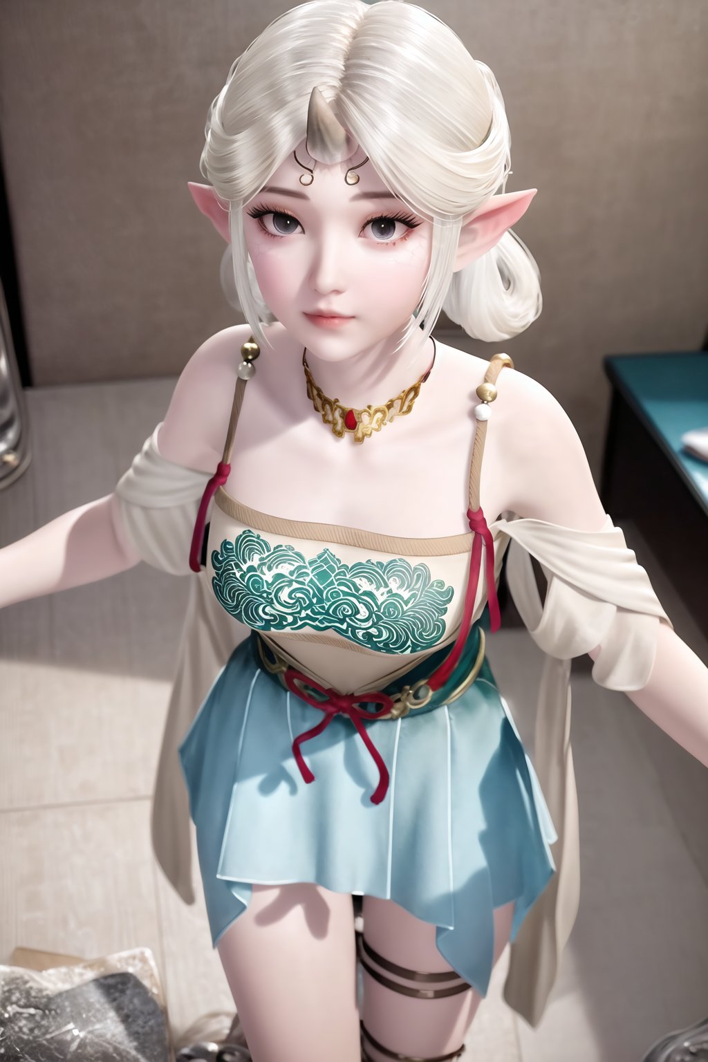 (8k, RAW photo, best quality, masterpiece:1.2),(realistic, photorealistic:1.3), ultra-detailed, extremely detailed cg 8k wallpaper,(crystalstexture skin:1.2), extremely delicate and beautiful, pointy_ears, 1girl, elf, solo, thigh_strap, jewelry, necklace, bare_shoulders, simple_background,(full shot), (breasts, medium breasts,  cleavage), looking_at_viewer, standing, full body, 