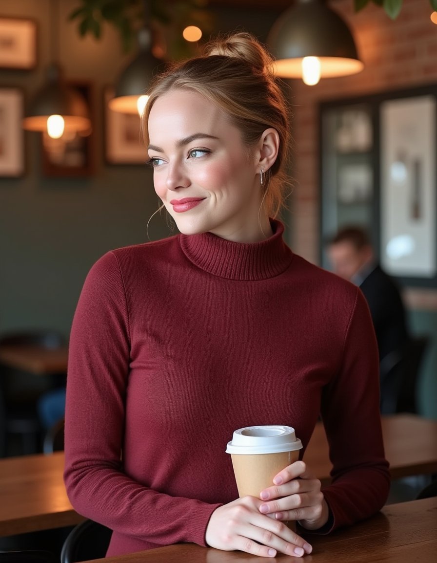 <lora:Emma_Stone_r2:1>  realistic photo of emmastone,  wearing a fitted turtleneck sweater dress,  in a cafe having a coffee. looking at viewer smiling 