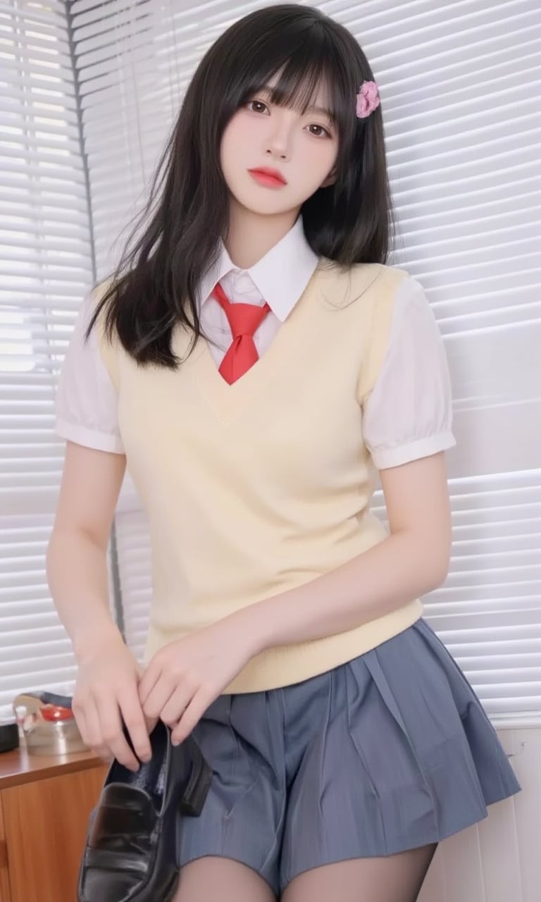 This is a clear and high-resolution anime-style image. In the picture, there is a female wearing a yellow sleeveless top, white short-sleeved shirt, red tie, and blue pleated skirt. She is wearing black stockings and leather shoes, with black hair that falls in long locks, adorned with a pink accessory. She is holding a shoe in her right hand and resting her left hand on her thigh, facing the camera with her body turned slightly towards it, her eyes looking to the left. She appears to be around 20 years old, slim in figure, with a calm expression. She is dressed in a school uniform, with black hair that falls freely around her shoulders without bangs. The background features a room with white blinds and an original wood cabinet. <lora:墨幽-Flux-Lora-网图:0.9>