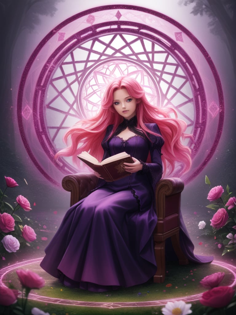 Solo, 2.5d, highly detailed, intricate, beautiful aesthetic, anime artwork,vibrant, extreme contrast, raytracing, dark colors, edgy, gothic,magic circle,starfire, reddish pink hair, long hair, purple long dress with golden details, rocking chair, reading a book, flower garden, falling flowers,expressive,