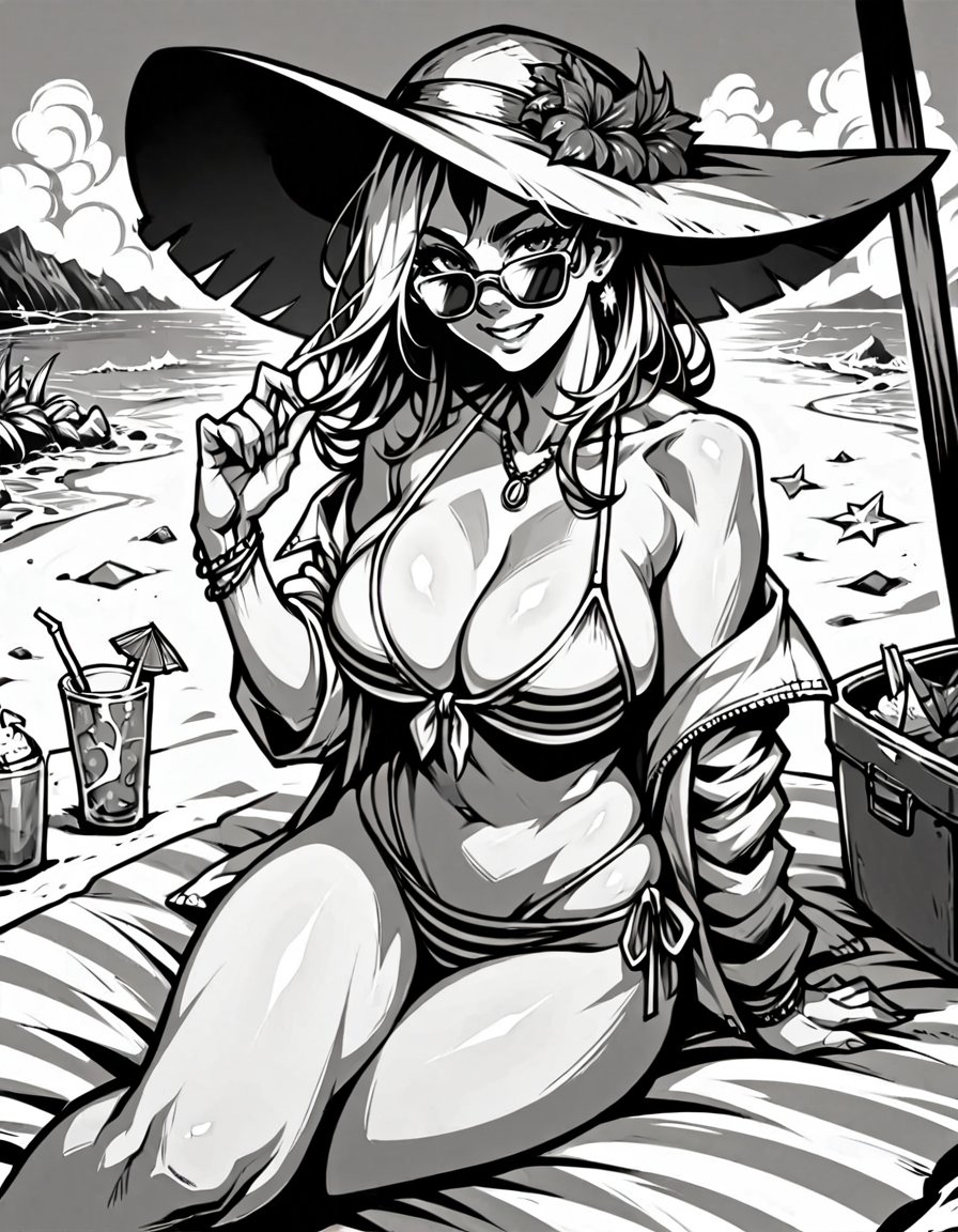 score_9, score_8_up, score_7_up,  <lora:Clean Sketch (J) style:1> monochrome, solo, 1girl, large breasts, bikini, sunglasses, smiling, looking at viewer, at beach,