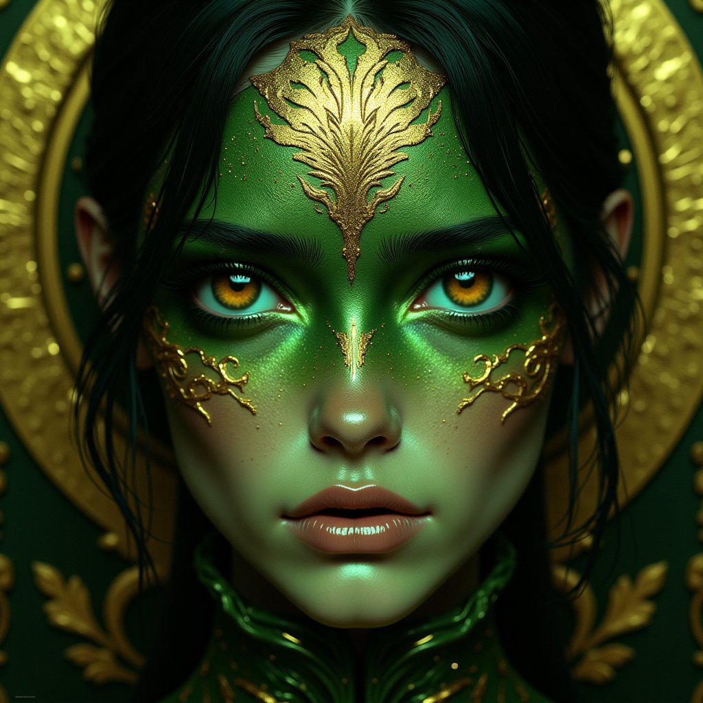 close portrait of a woman, green and gold palette, gold and black background <lora:anime_martzv2:1.0>