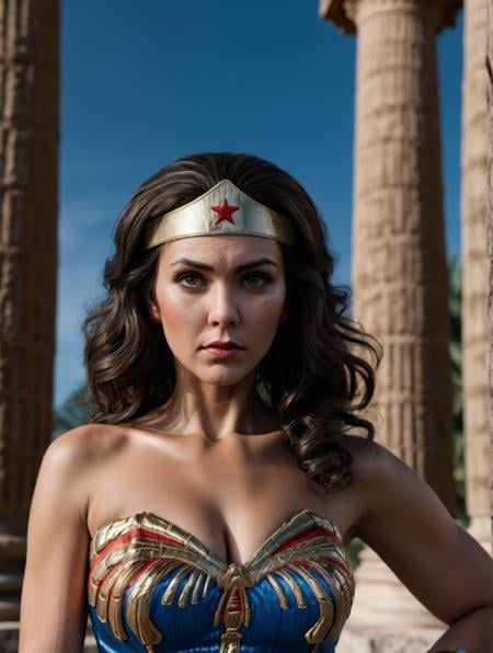 high fashion photo by Terry Richarson,Wonder Woman,close-up, headshot, dynamic pose,in ancient temple, pillars, palm trees<lora:add-detail-xl:1><lora:detailed_notrigger:0.5><lora:fix_hands:1><lora:Wonder Woman_SDXLBase:1> 