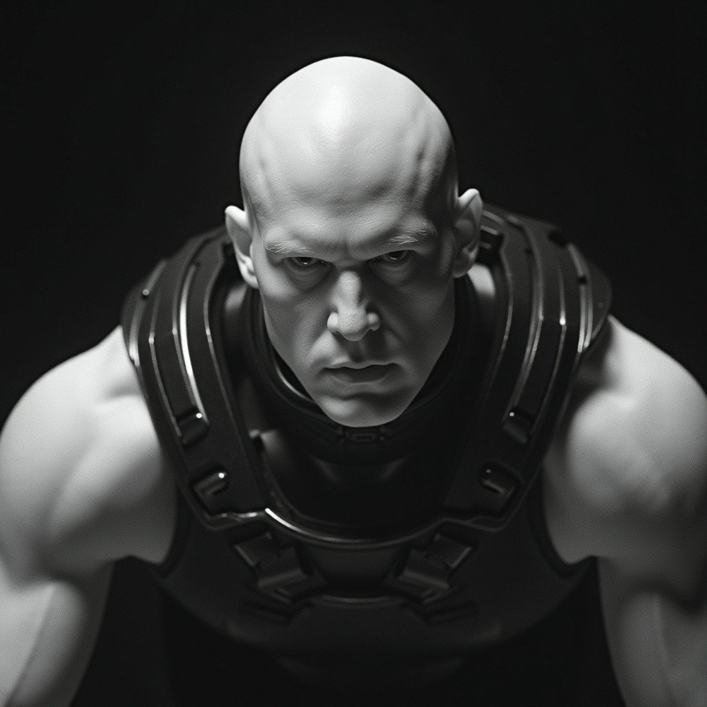 infrared image,  The image is a black and white photograph of a bald,  light-skinned male with a stern by loraonlyguy on T...