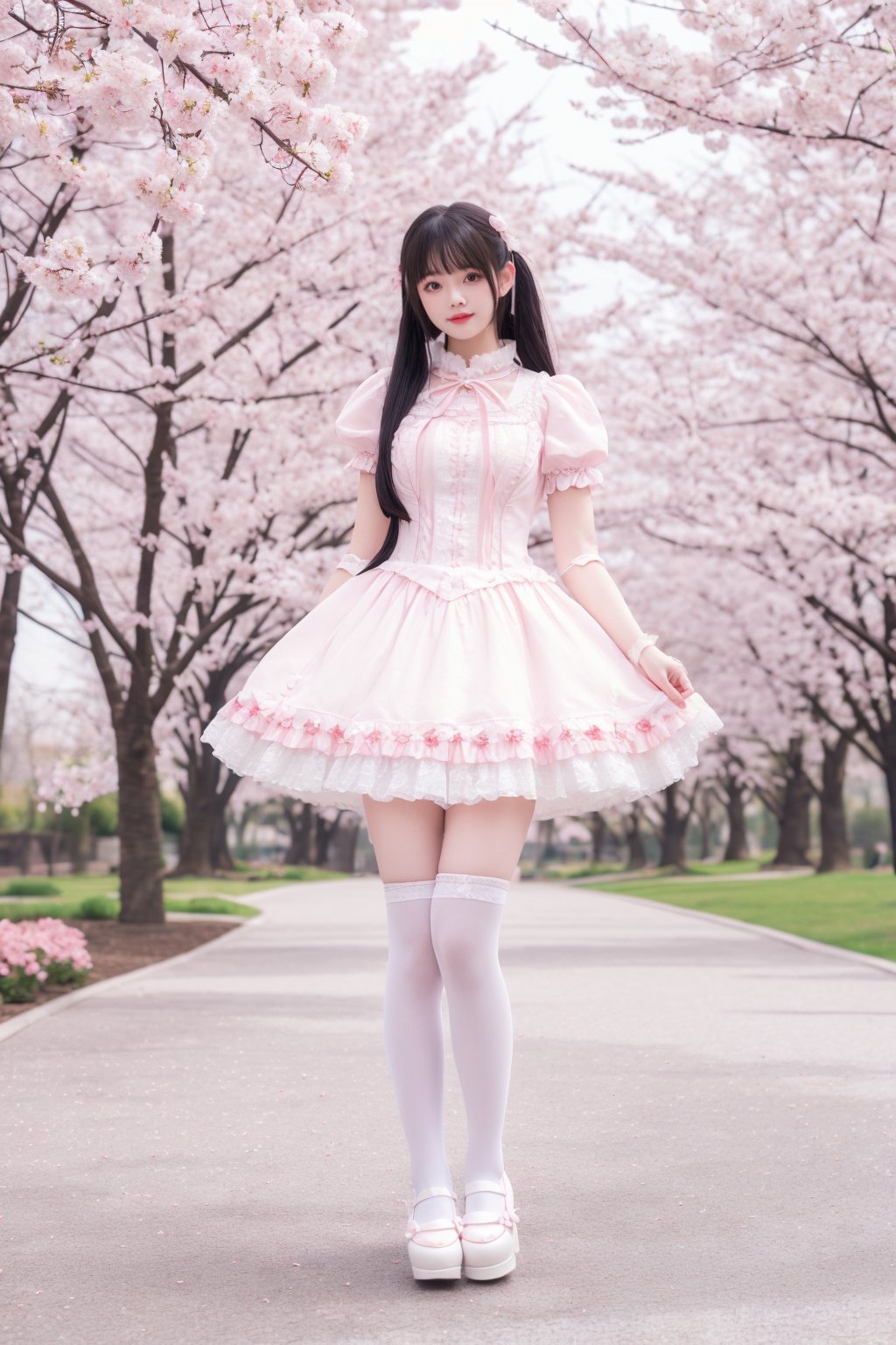 young woman,Asian ethnicity,cherry blossoms,sakura trees,spring season,pink flowers,white dress,Lolita fashion,knee-high socks,platform shoes,hair ribbon,standing,paved path,outdoor,daylight,dreamy atmosphere,soft focus,portrait photography,full-length pose,