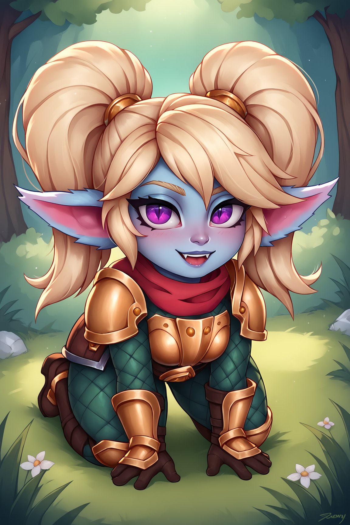 score_9, score_8_up, score_7_up, score_6_up, BREAK, PoppyLoLXLv2, blue skin, colored skin, shortstack, yordle, purple eyes, blonde hair, twintails, pointy ears, medium breasts, golden armor, armor shoulder, red scarf, breastplate, green snakeskin shirt, armor hips, green snakeskin pants, brown boots, solo, full body, all fours, looking at viewer, seductive smile, forest <lora:PoppyLoLXLv2:0.8>