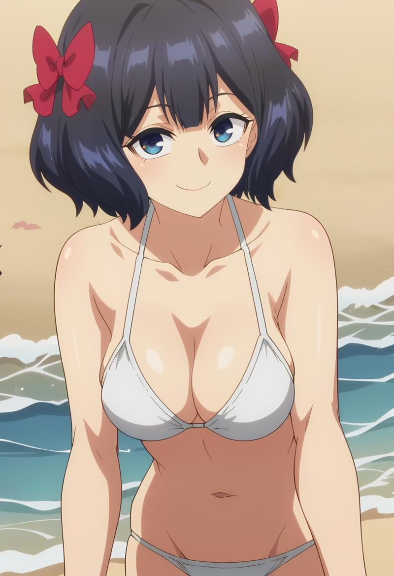 <lora:Tino Shade:0.9> Tino Shade, 1girl, blue eyes, solo, red hair bow,medium breasts, short hair,  black hair , looking at viewer , white bikini, beach , smile, closed mouth, score_9, score_7_up,anime coloring ,source_anime, anime, anime screencap