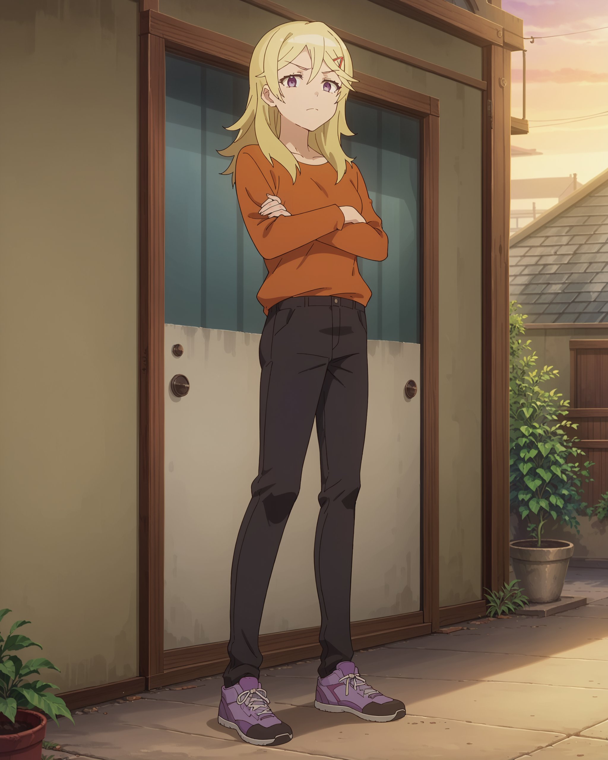 score_9, score_8_up, score_7_up, score_6_up, masterpiece, perfect quality, anime screencap, perfect lighting, nsfw, detailed background, outside, apartment complex in background,solo girl, directly facing the viewer, (full body shot) <lora:Landlord:.8>1girl, orange sweater and pants outfit, long hair, blonde hair, purple eyes, breasts, hair clip,orange shirt, black pants, shoes:/, arms crossed