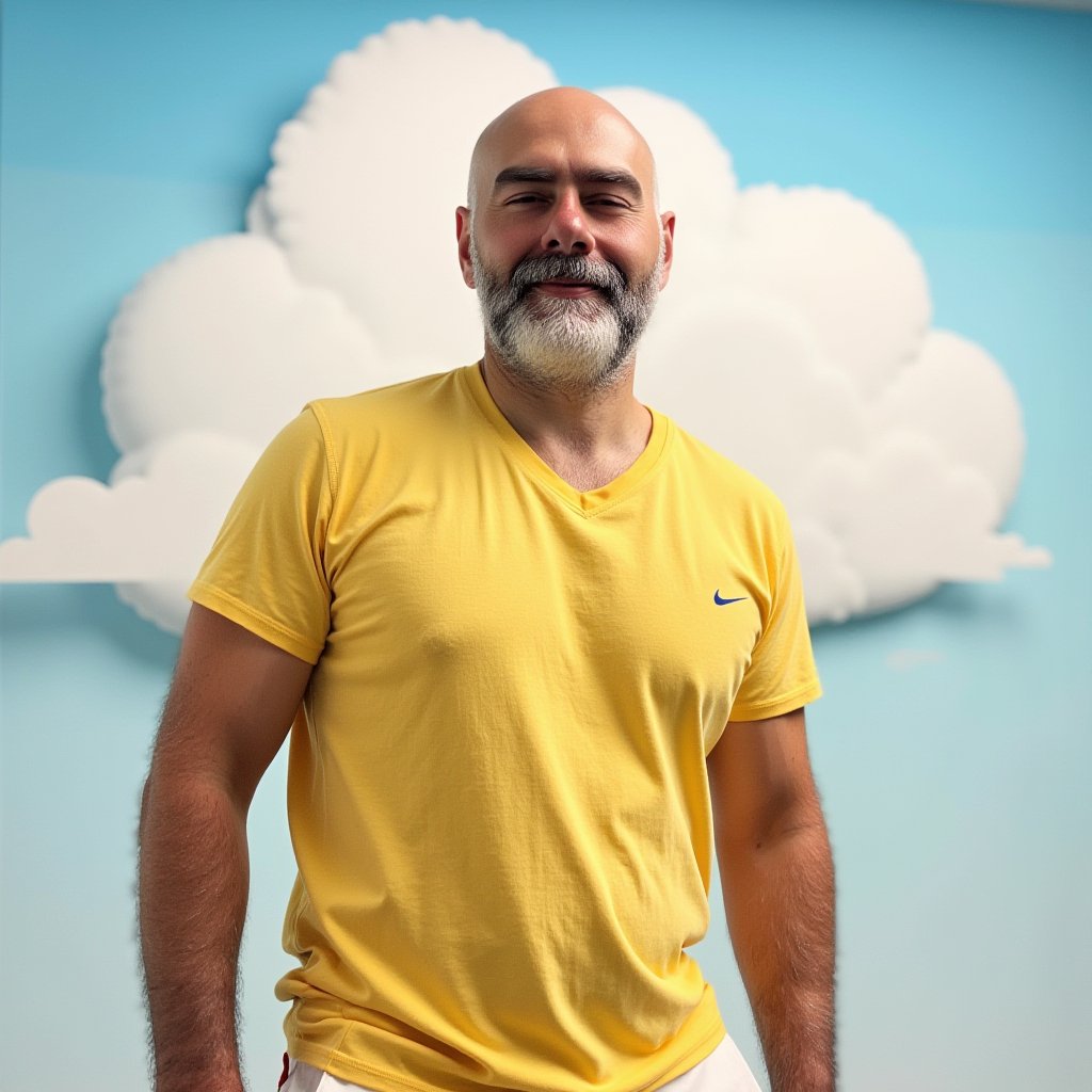 cloud,manly,portrait,solo,swim briefs,wrinkled skin,yellow shirt,1boy, EURPCarp, solo, bald, beard, t-shirt, short pants