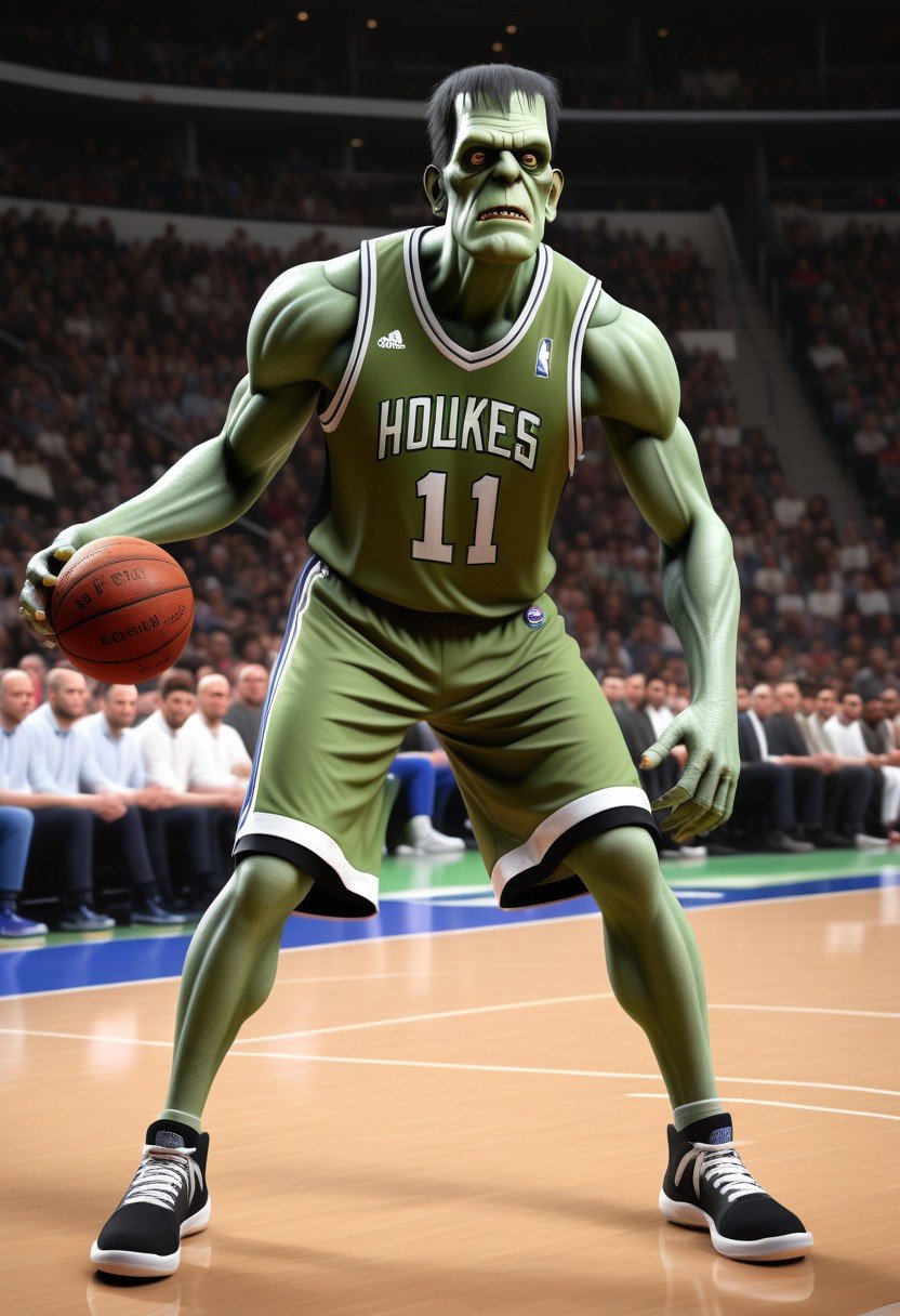 Depict Frankenstein's monster as a European League Basketball player that just transferred to the United States to play in the NBA, photos taken while playing in-game, highlighting his abilities.