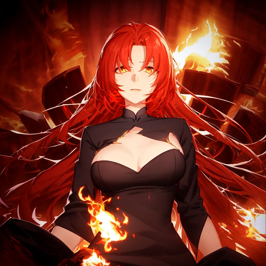 red hair, very long hair, fire, thighhighs, jewelry, wide sleeves, red eyes, long sleeves, fiery hair, flame, yellow eyes, breasts, chinese clothes, china dress, black dress, parted bangs, messy hair, long hair<lora:卑弥呼-HIMEKO:0.8>