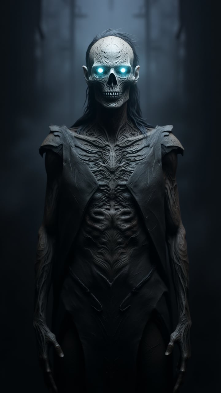 character The image is a highly detailed, CGI-rendered digital artwork of a skeletal, humanoid figure standing against a dark, misty background. The figure, likely a necromancer or dark sorcerer, has a gaunt, skeletal face with glowing, piercing eyes and a menacing grin. Its skin is a pale, desiccated texture, with intricate, swirling patterns that seem to be etched into its skin, giving it a nightmarish, ethereal appearance.    , aidmaDarkfantasy