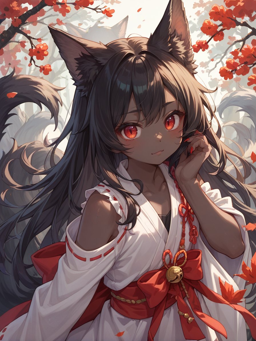 score_9, score_8_up, score_7_up,source_anime,solo, kitsune, werewolf, red eyes, black skin, pretty girl, cute girl,