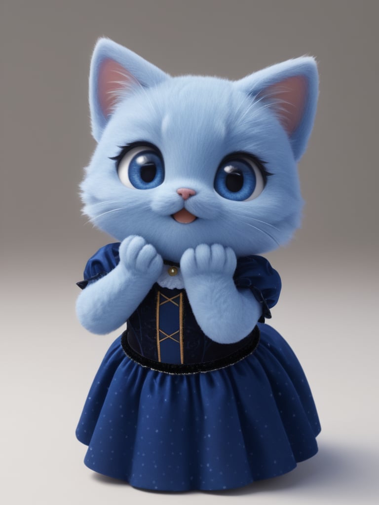 intricate detail, cinematic, render, detailed eyes, large eyes, realistic, 3d fluffy, closeup, cute and adorable,solo, female, cute,(adorozatorumary), anthro, female, cat, dark blue eyes, dark blue cat, blue fur, hands on own face, one tune fur, black inner ear,(fancy dress:1.2), chibi, happy, Detailed face, beautiful, Expressive, <lora:Adorozatorumary:0.9> 