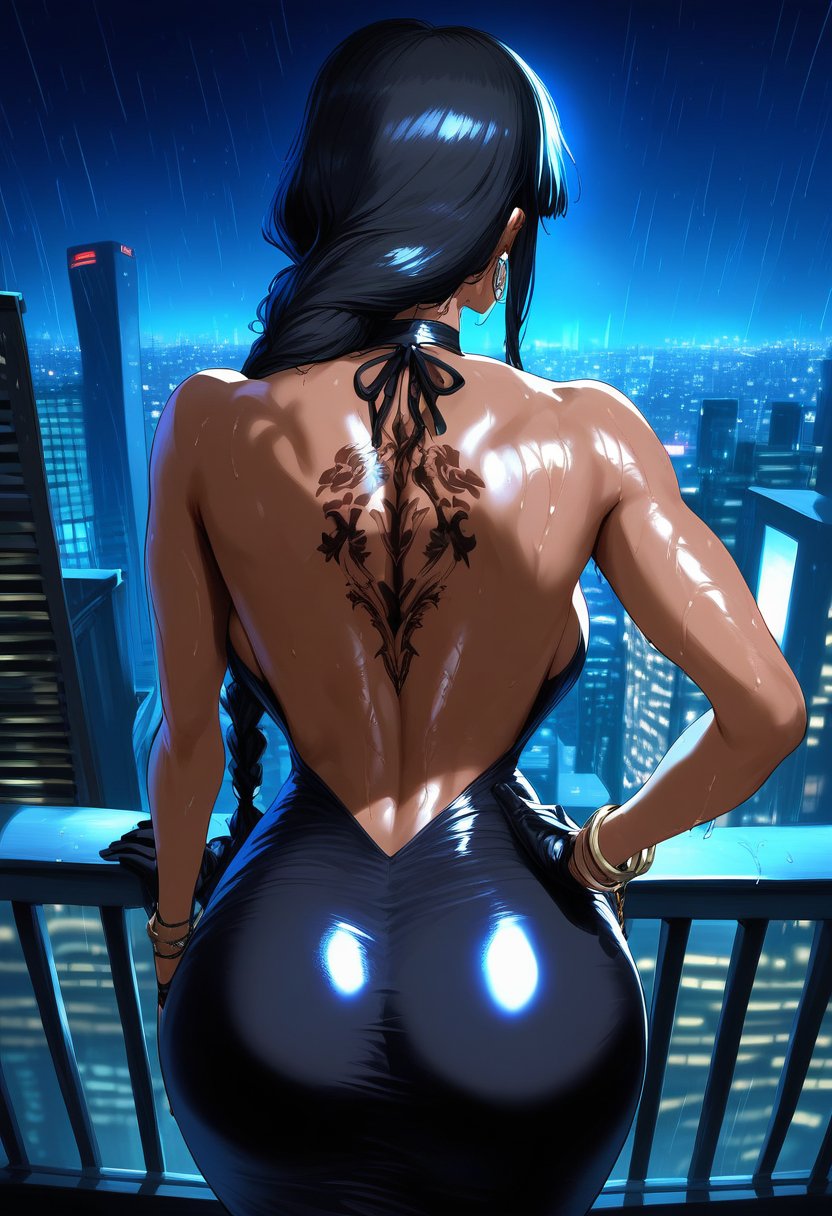 score_9, score_8_up, score_7_up, score_6_up, source_anime, <lora:GAI S1 0.1v:1>,swet, wet skin, sweat, sweating, shiny skin, oiled, dripping, 1girl, dress, gloves, black dress, from behind, braid, jewelry, solo, long hair, bracelet, facing away, black gloves, back, black hair, backless outfit, bare shoulders, dark skin, backboob, braided ponytail, backless dress, dark-skinned female, single braid, earrings, ass, standing, railing, median furrow, outdoors, rain, cyberpunk, cityscape, backlighting, building, neon lights, night, dark, chain, holding fence, very long hair, wide hips, hand on own hip, light particles, lens flare, shoulder blades, from above, halterneck, butt crack, back tattoo, black tattoo,