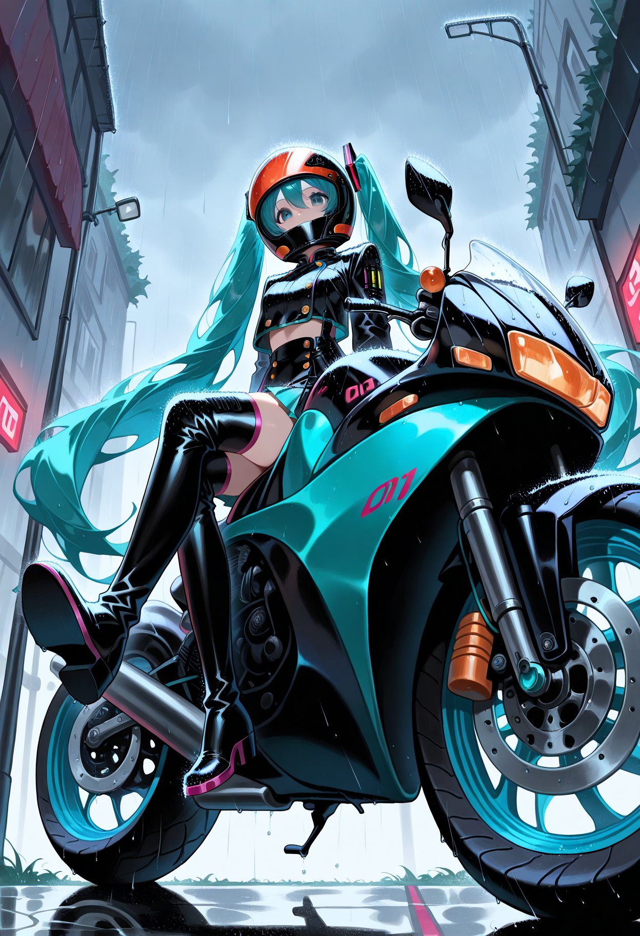 1girl, solo, hatsune miku, boots, long hair, motorcycle, motor vehicle, thigh boots, rain, sitting, crossed legs, very long hair, twintails, looking at viewer, black footwear, gloves, from below, helmet, thighhighs, skirt very aesthetic, masterpiece, absurdres