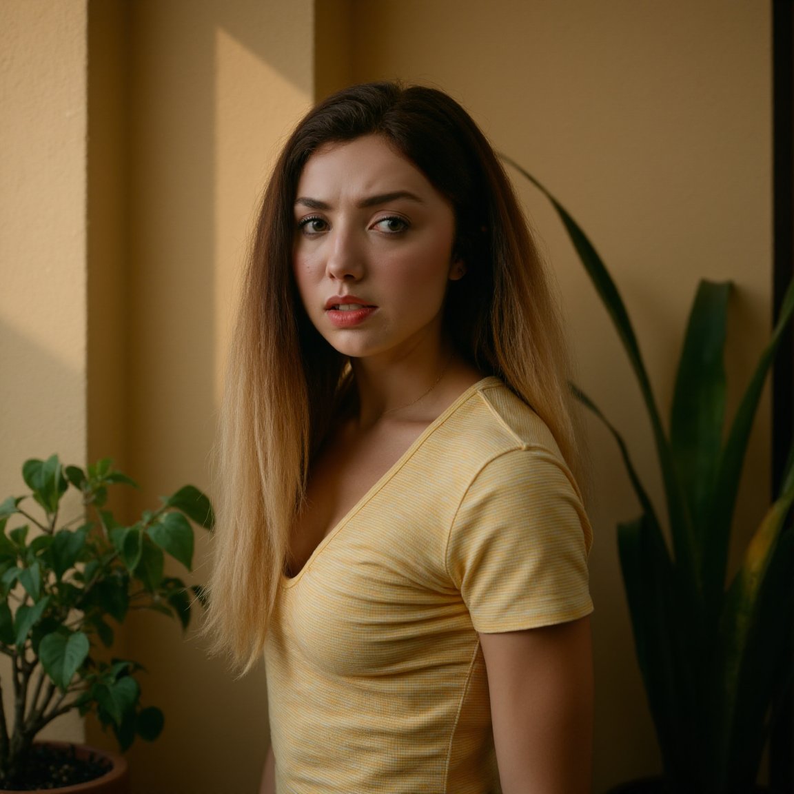 The image is a photograph featuring a young woman with fair skin and long, straight brown hair that transitions into lighter blonde at the ends. She has striking blue eyes and is wearing a subtle makeup look that highlights her natural features. Her lips are painted a soft pink. She is dressed in a yellow and white striped, short-sleeved top with a modest V-neckline, revealing a delicate gold necklace around her neck. The background consists of a beige wall with a subtle pattern, and to the left, there is a large potted plant with lush green leaves, adding a touch of nature to the indoor setting. The plant is positioned near a window, casting a warm, ambient light that gently illuminates her face. To the right, another large potted plant with long, slender green leaves is visible, adding depth and texture to the scene. The overall lighting is soft and natural, creating a cozy and intimate atmosphere. The woman appears to be in her early twenties and is standing slightly off-center, looking directly at the camera with a thoughtful, contemplative expression. The photograph captures a moment of quiet introspection, with the subject's emotions and surroundings intricately portrayed.,Peyton List,  <lora:Peyton_List_Flux_V1-000005:1>