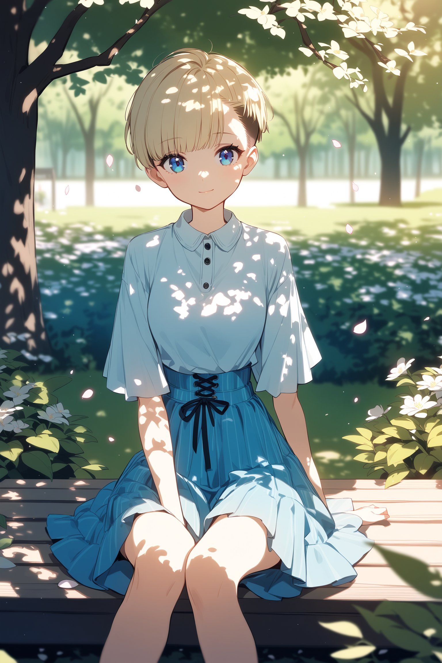 cute 1girl,pale-blonde hair,(very short shaved sides Pixie cut:1.1),blue eyes, light smile, sitting in garden,fashionable, trendy outfit,(dappled sunlight:1.2),blurry,(depth of field:1.1),head tilt,(fluttering petals),tree,(Ephemeral Glow),scenery