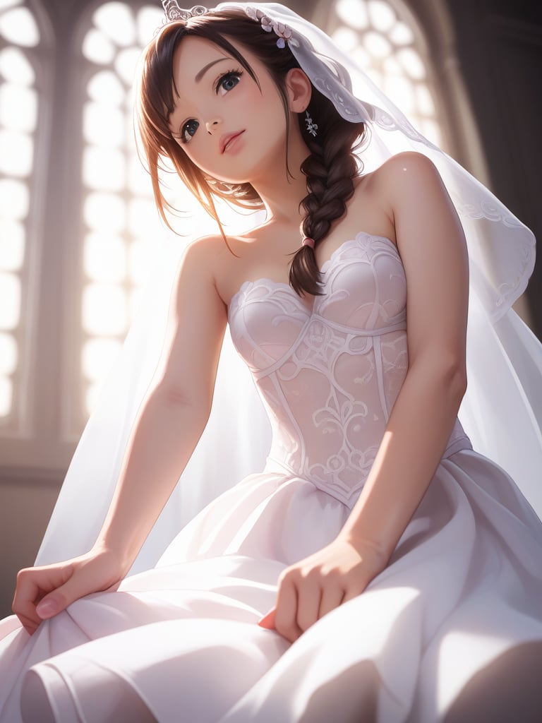 score_9, score_8_up, score_7_up,(Solo), female, Detailed face, Detailed eyes, detailed face, view from below,beautiful, Expressive, cute and adorable, hair braid over the shoulder, kneeling, wedding dress, close up,realistic, realism, real,very aesthetic, intricate details, abstract,god rays, dynamic lighting, ray tracing, extreme contrast,