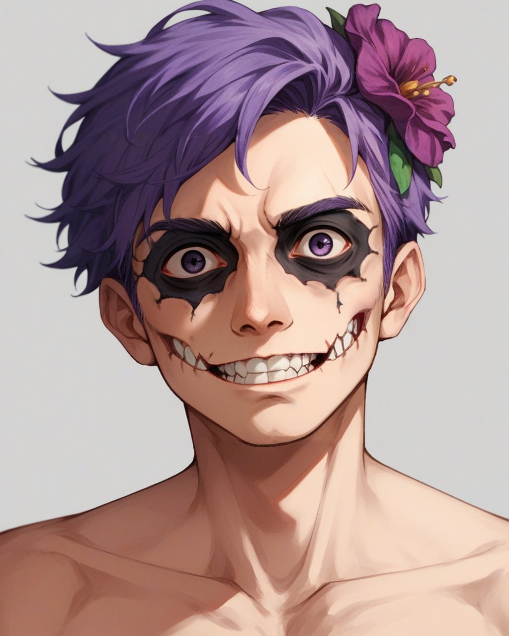 score_9_up, score_8_up, score_7_up, halloween makeup, solo, flower, hair flower, purple hair, short hair, teeth, hair ornament, 1boy, horror (theme), male focus, grey background, portrait, collarbone, looking at viewer, <lora:NeoNi_HMUP:0.7>