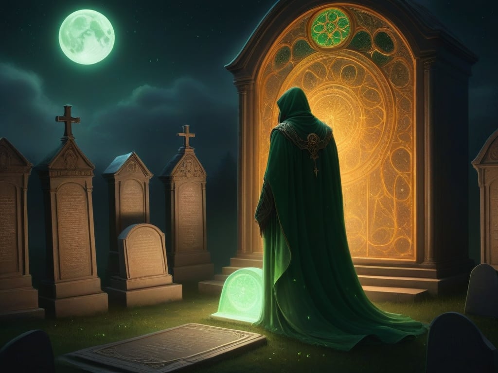 score_9,score_8_up,score_7_up,lots of small parts, ultra detailed,detailed grim reaper, robe, view from behind, cloak, long cloak, long coat,intricate golden patterns, embossed robe,scarf, sad, sorrow, emotional, tears, nighttime, eerie green glow, fog, moon light, stars, graveyard, grave tombstone, (stuffed animal by grave), detailed graveyard, detailed background, Celtic, 