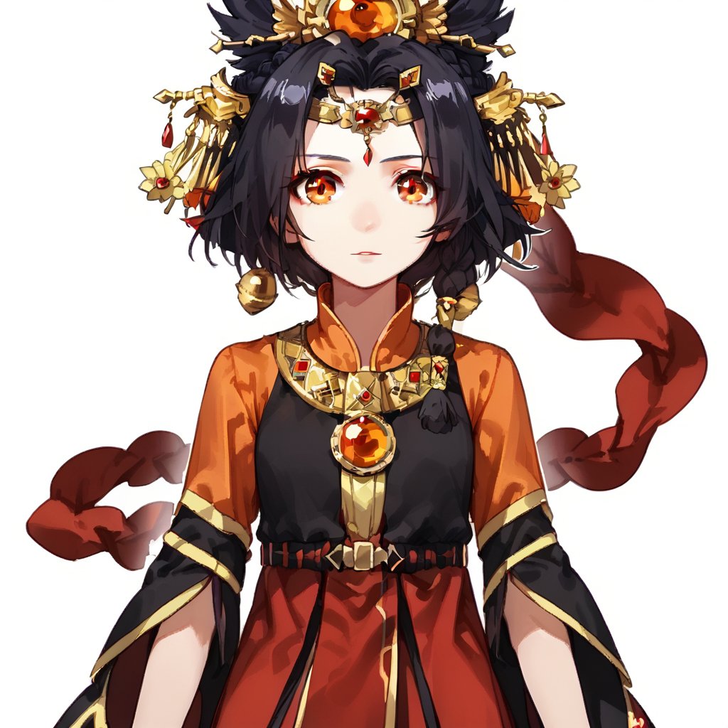 (white background:1.2),looking at viewer,(SOLO:1.4),outline,simple background,upper body, cowboy shot,looking at viewer,(((arms at side))),  jilin mangaver, jilin, black hair, hair ornament, jewelry, red eyes, long hair, bracelet, short hair, orange eyes, braid<lora:姬麟-manga-pony:0.8>