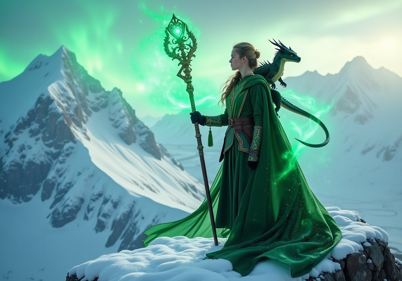 In a realm where magic weaves through the air like whispers, a 19-year-old girl named thomasinara stands atop the snowy mountain peak, With her enchanted staff, she conjures spells that shimmer with ethereal light. Perched on her shoulder is her loyal companion, a child dragon named Drogon, whose scales glisten like emeralds. Together, they navigate the mystical landscapes, their bond unbreakable. In this fantastical world, she is both warrior and protector, a symbol of courage and magic intertwined.polishswordsman